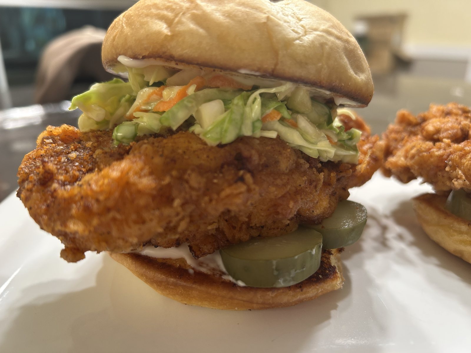 Nashville hot fried chicken sandwich with slaw and pickles